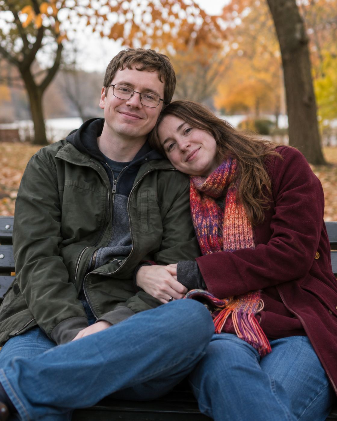 Illustrative photo of a couple sitting close on a park bench in autumn