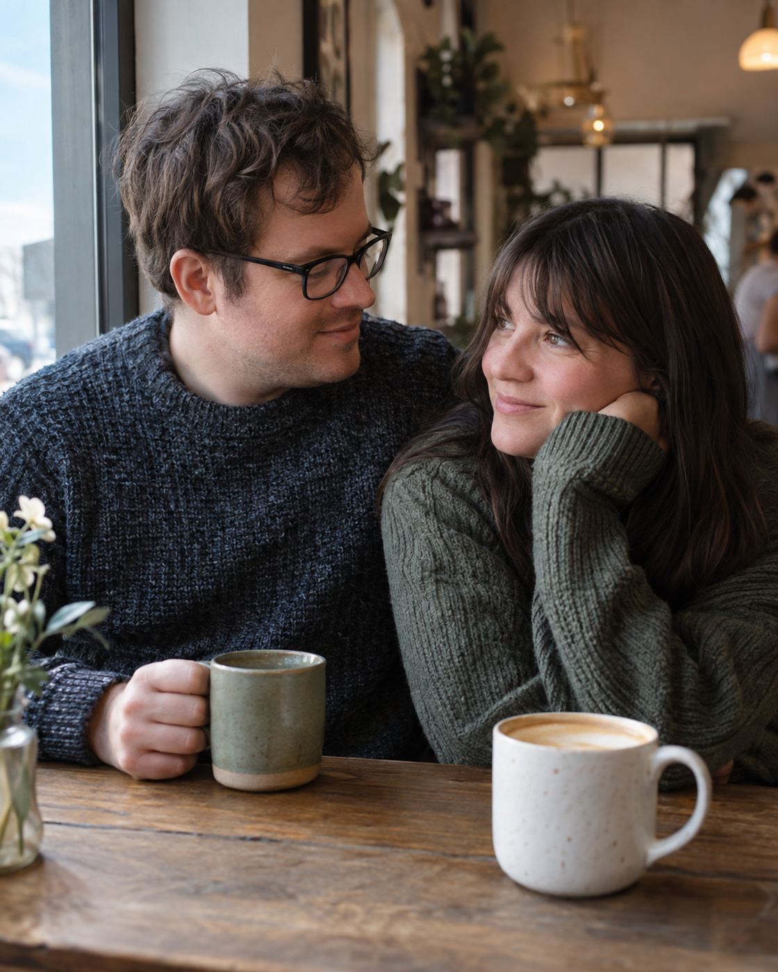 Illustrative photo of a couple talking over coffee at a cafe table