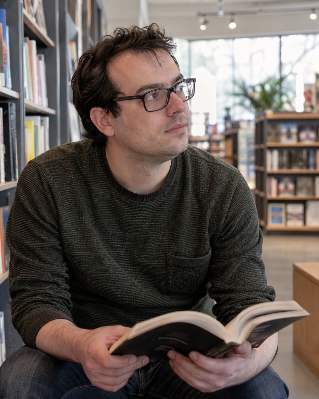 Illustrative portrait of a man with glasses reading in a bookstore