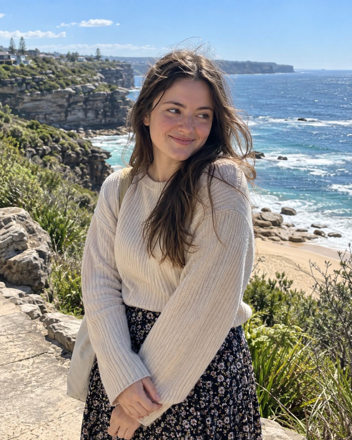 Illustrative portrait of a woman in a cream sweater on a coastal cliff