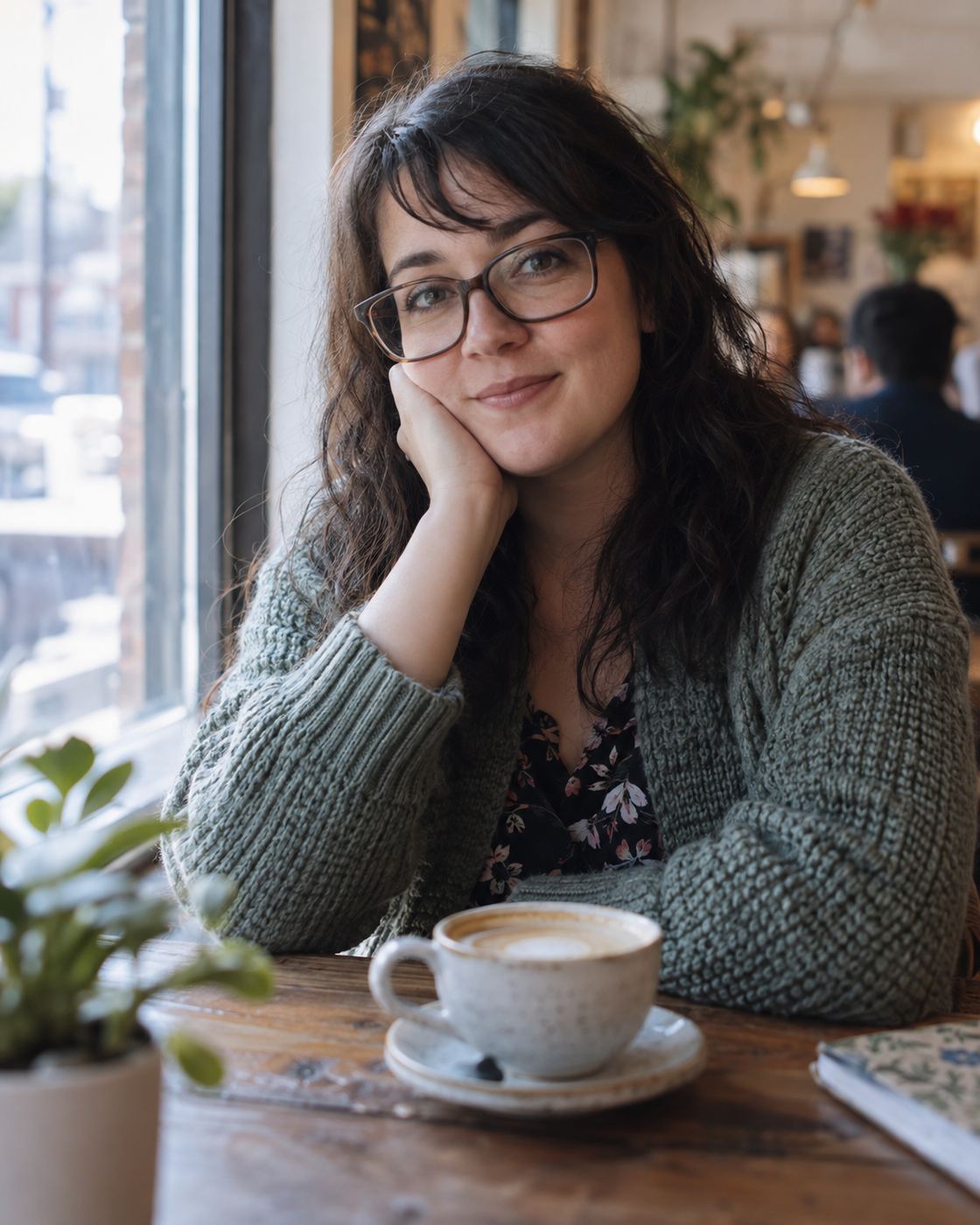 Illustrative portrait of a woman with glasses smiling at a cafe table
